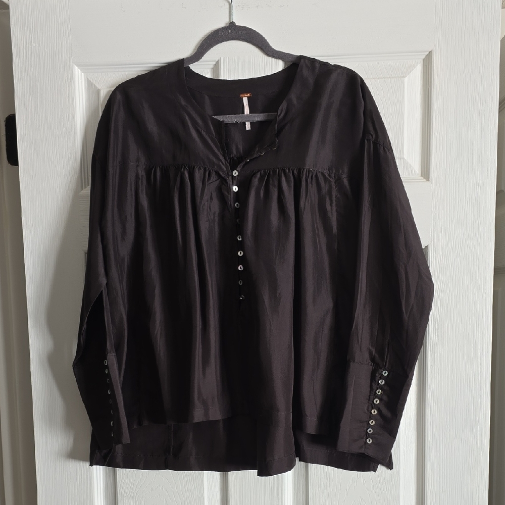 Free People Black Relaxed Buttoned Blouse with Mandarin Collar